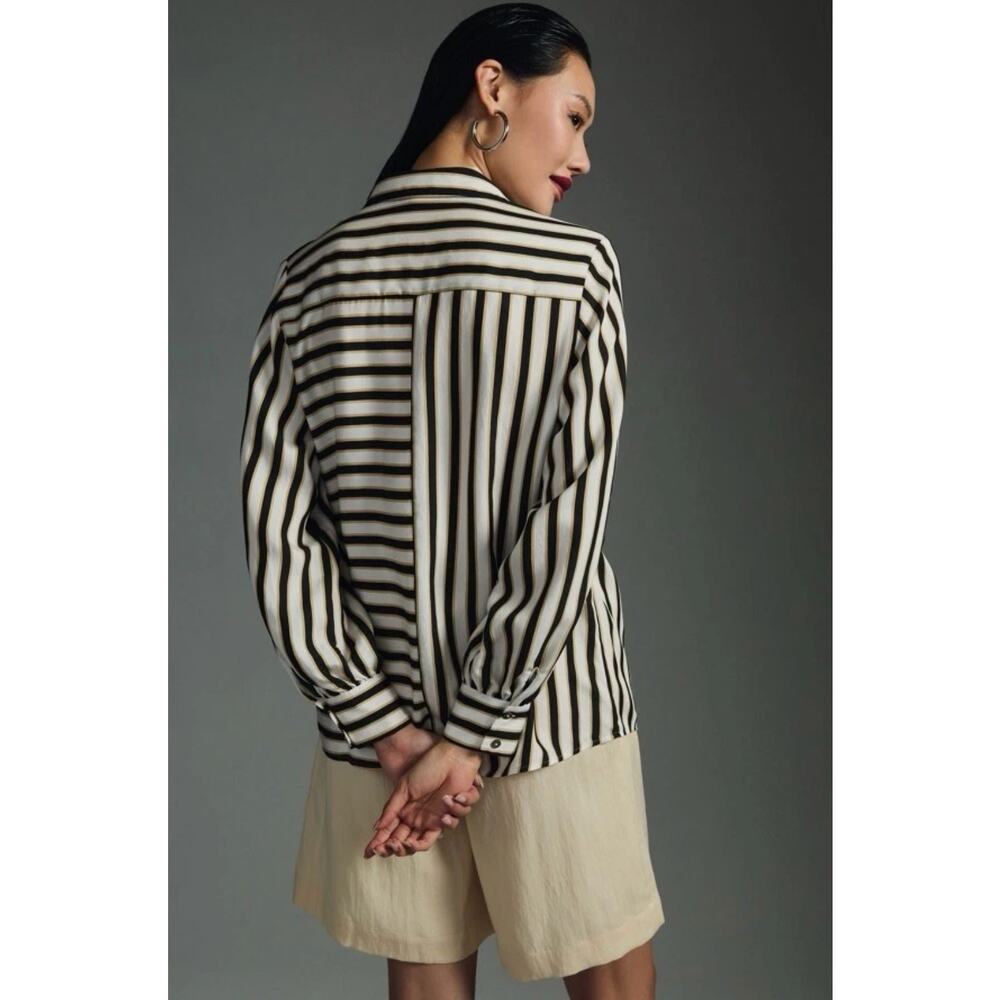 Anthropologie Maeve Black Cream Striped Button Down Shirt Womens M Silky Relaxed